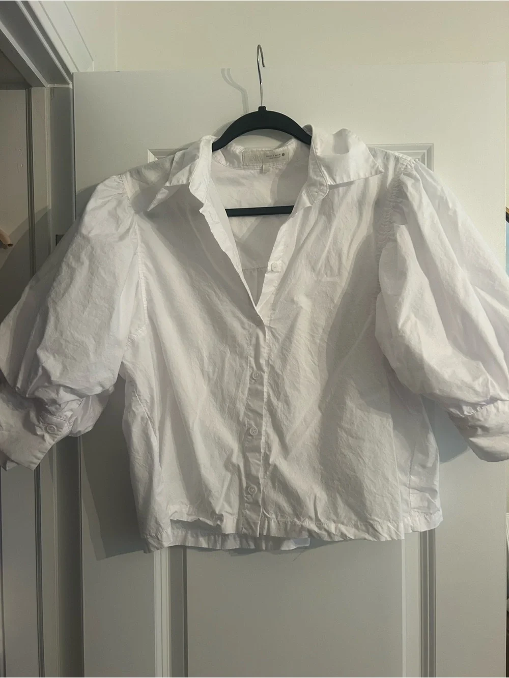 Zara White Button-Down Shirt Puff Sleeve